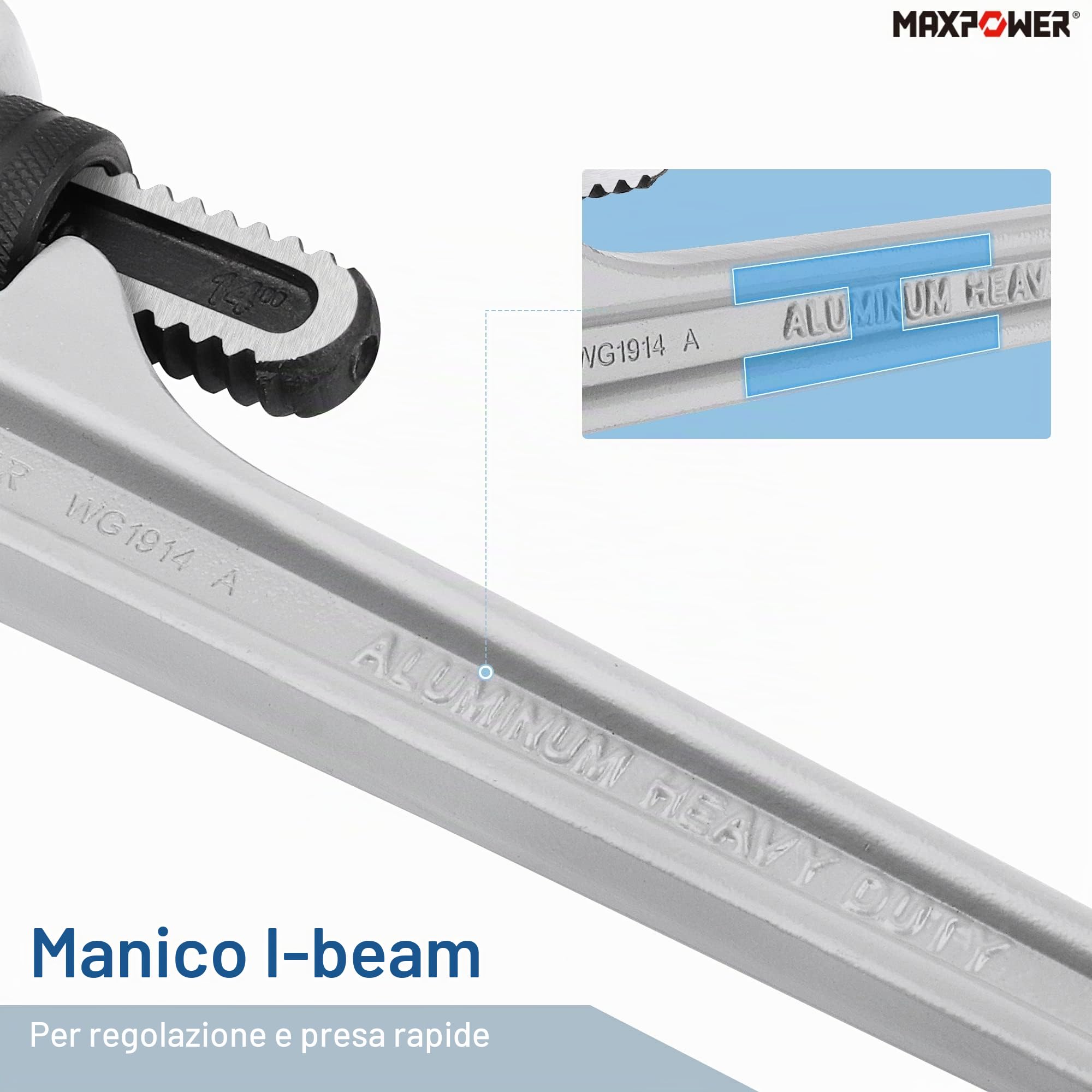 MaxPower Chiave per Tubi Dritta in Alluminio, Chiave per Idraulica da 35,5 cm, Diametro di Serraggio da 48mm