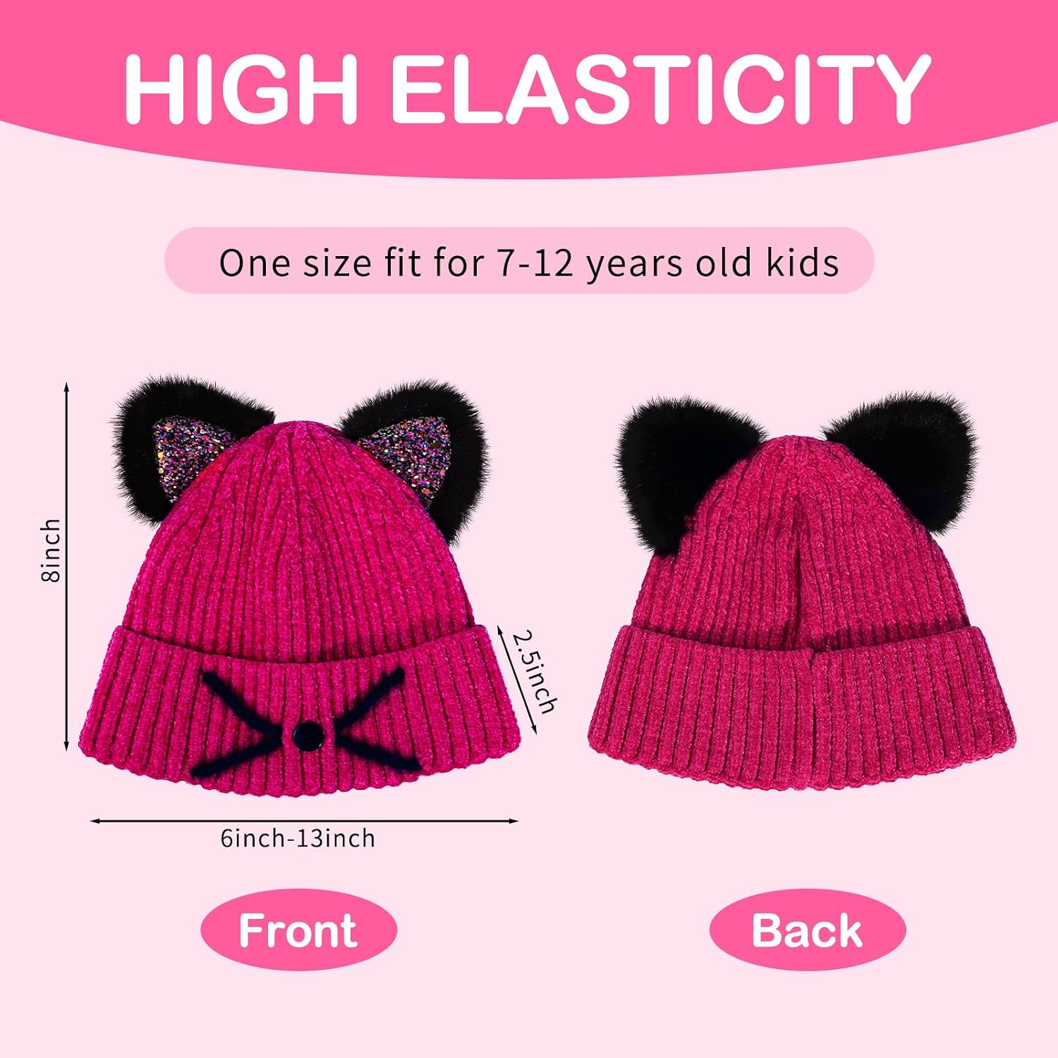 Kids Girls Cat Ear Hat Winter Warm Knit Beanie Cute Ski Skull Cap for Ages 7-12