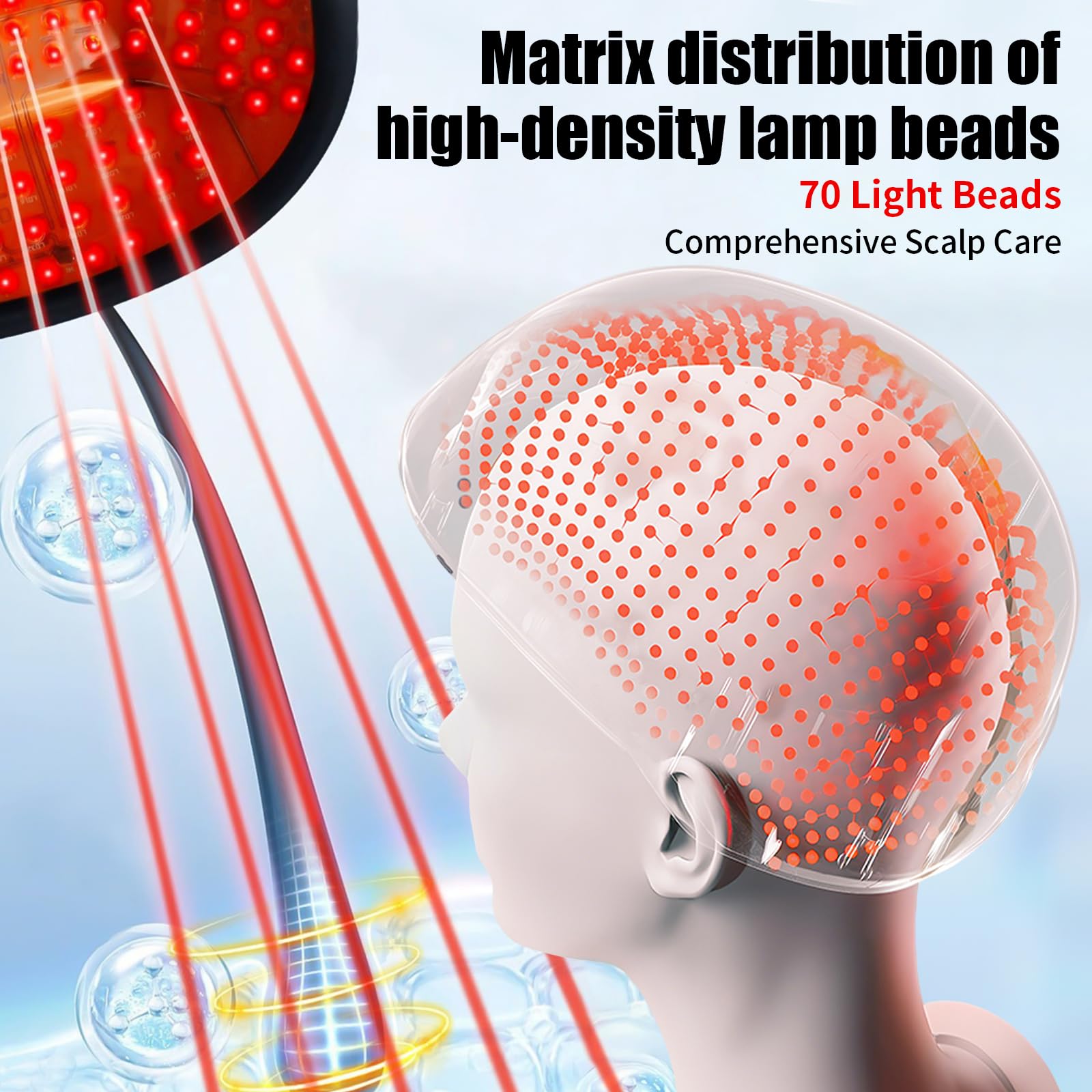 Red Light Bonnet de soin pour la croissance des cheveux et contre la chute des cheveux, longueur d'onde 470 nm, 630 nm et 650 nm, 70 LED