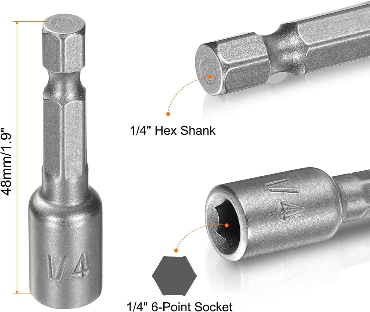 HARFINGTON 5pcs Hex Nut Driver Drill Bit 1/4" 6-Points Socket 1/4" Hex Shank 1.9" (48mm) Long Magnetic Nut Setter CR-V Steel Quick-Change Nut for Power Drills Impact Drivers
