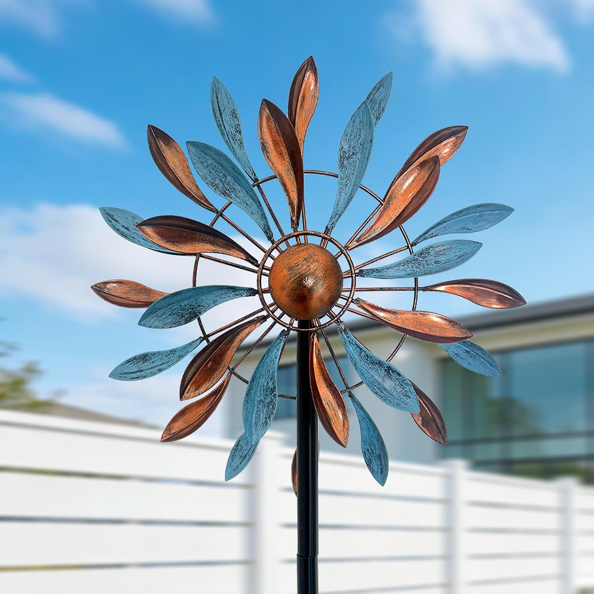 Copper Teal Petal 360° Metal Wind Spinners Outdoor, 56.7" H | Copper teal double-sided 360° petal spinner adds layered motion to patios, lawns, flower beds, and gardens