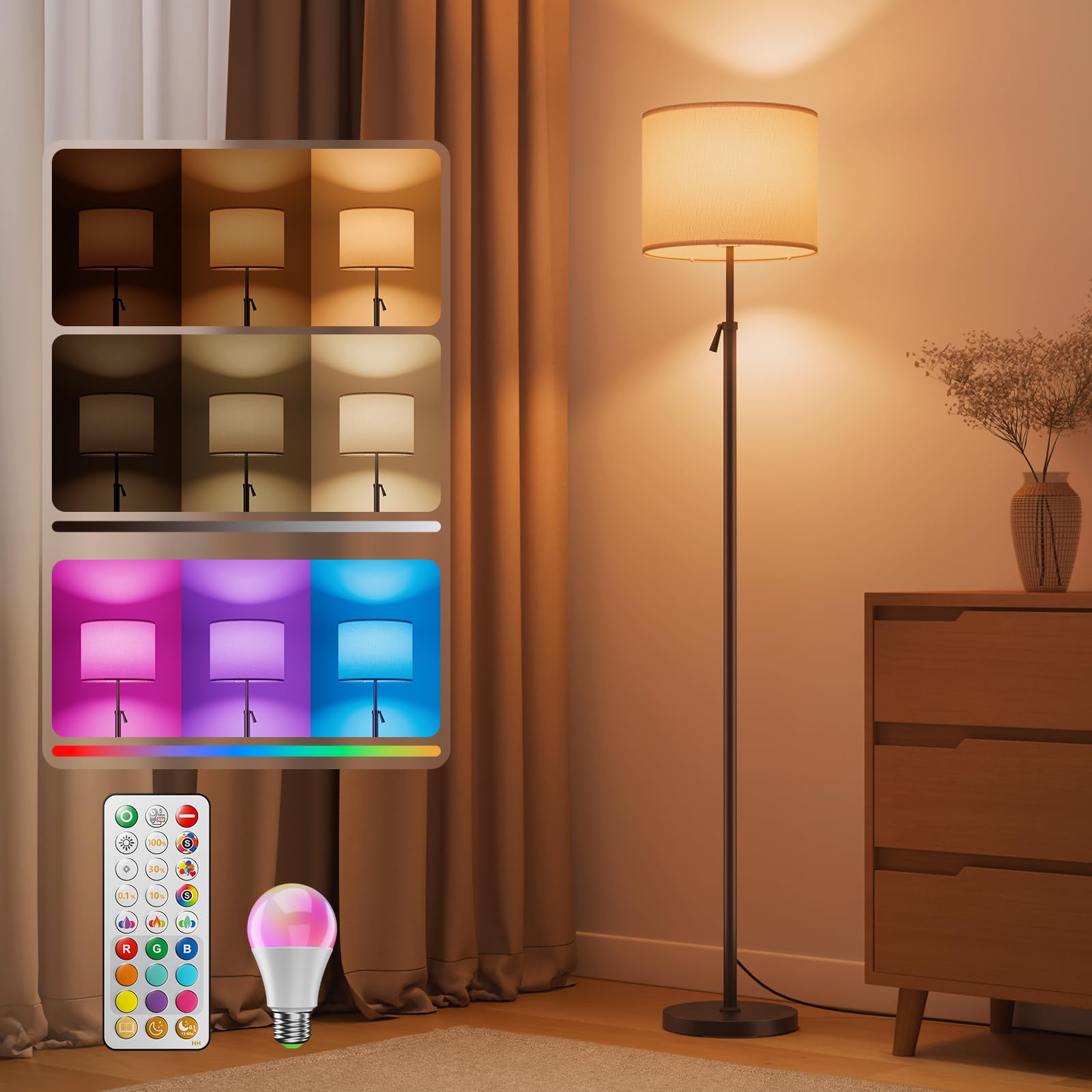 VARICART LED Adjustable Floor Lamp, 152-175cm Tall Lamp with Magnetic Remote, RGB Colour Changing & 1600K Amber/4000K Natural White, 10W 1200lm 0.1%-100% Dimmable, Large Linen Shade, UK Plug, Black
