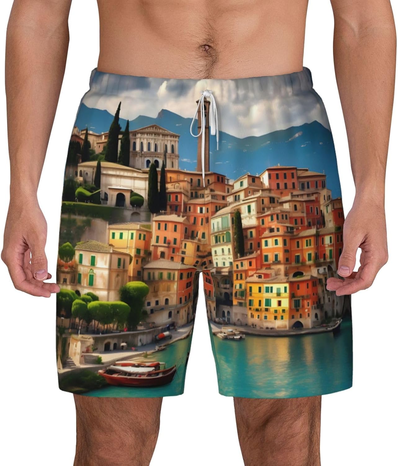 Beautiful Italy Print Men's Athletic Swim Shorts, Surf Pants with Compression Liner & Utility Pockets