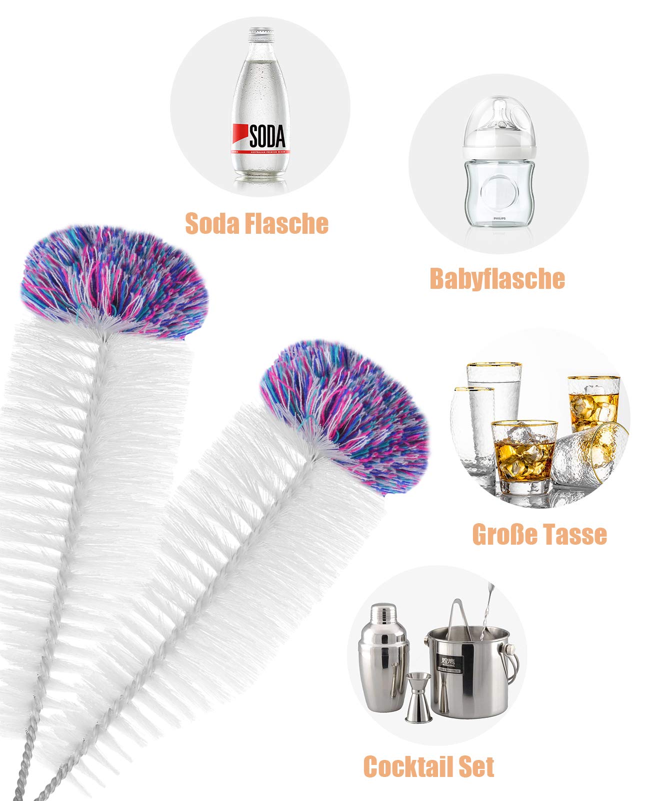 BlueFire SodaStream - Spazzola per bottiglie di vetro, con testa di lana per bottiglie di vetro, pulizia delicata e senza graffi, manico lungo, per bottiglie di vetro, tazze e calotte