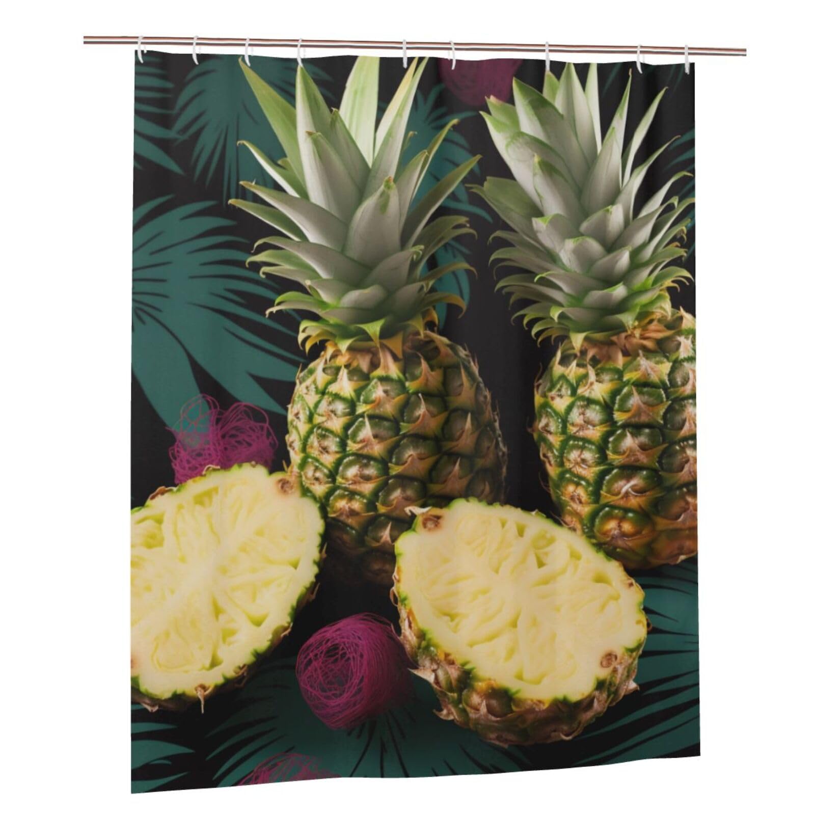 BWWHCCTI Tropical Pineapple Printed Shower Curtain With 12 Plastic Hooks Opaque Quick Drying Waterproof Shower Curtains Sets For Bathroom 152x183 Cm