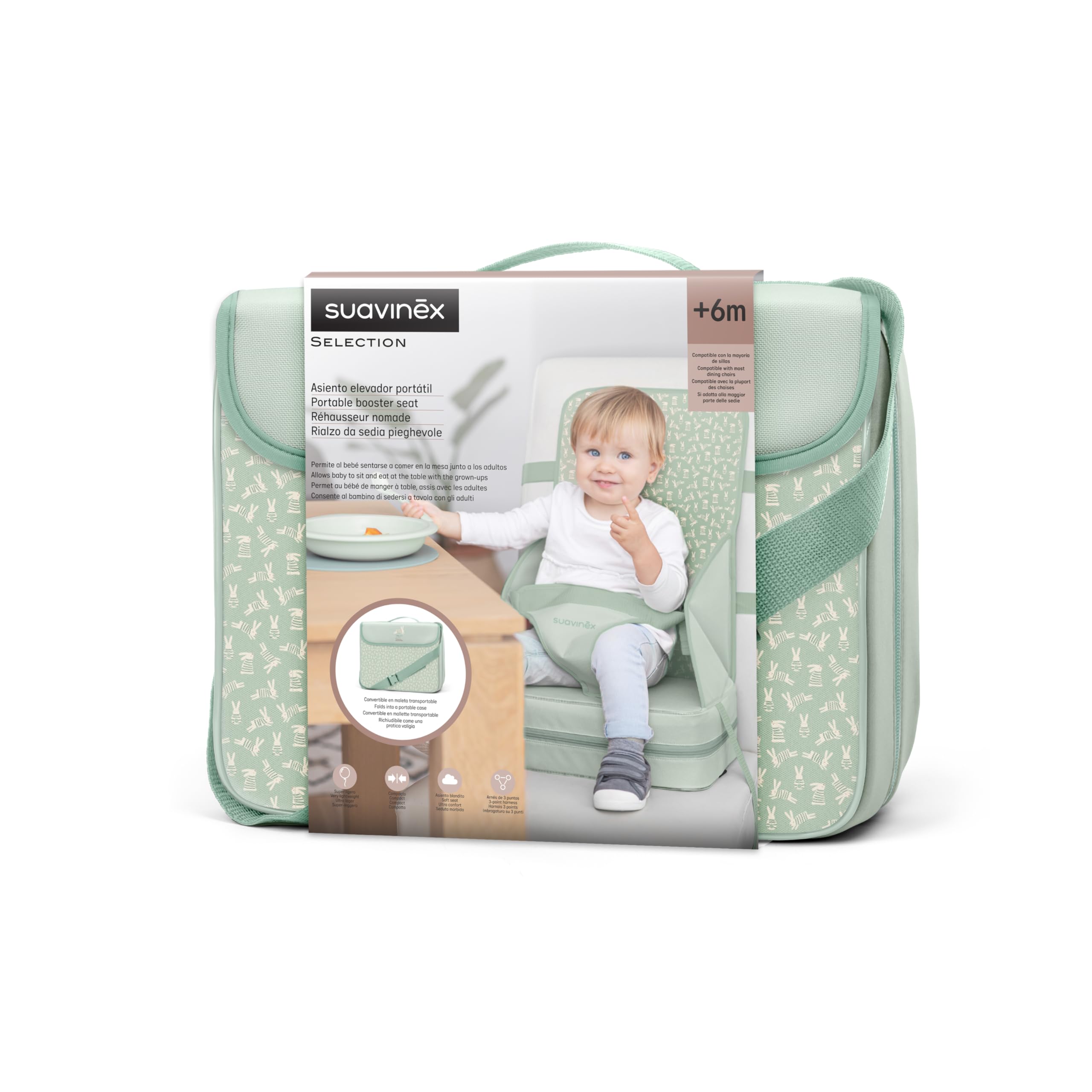 Suavinex, seggiolone portatile per bambini +6 mesi, rialzo per seggiolone, seggiolone universale trasformabile in borsa, facile da pulire, leggero, con imbracatura, morbido e con schienale, verde