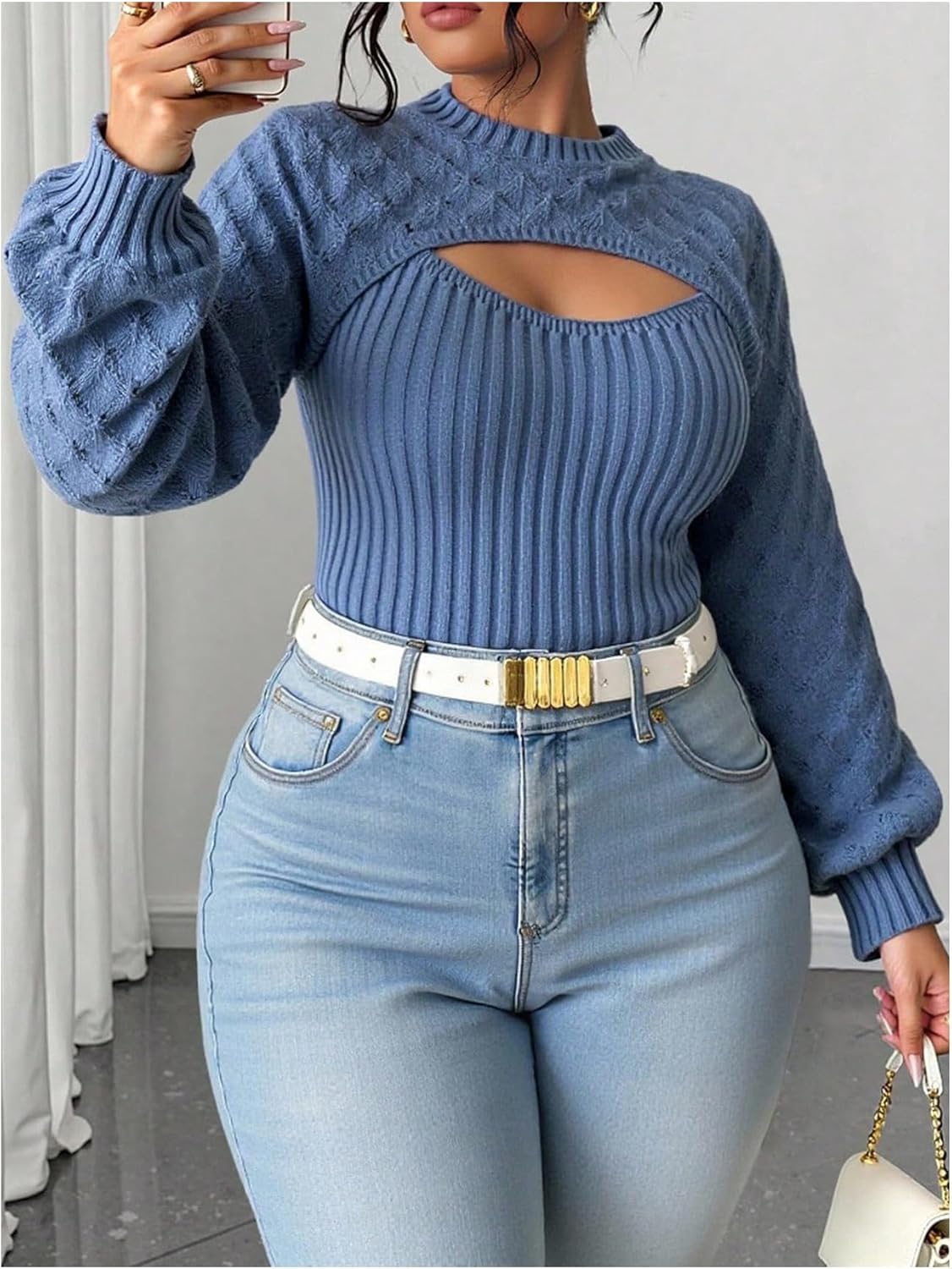 SHENHE Women's Plus Size Sweaters Long Sleeve Mock Neck Cutout Sweater Fitted Knit Tops - Image 5