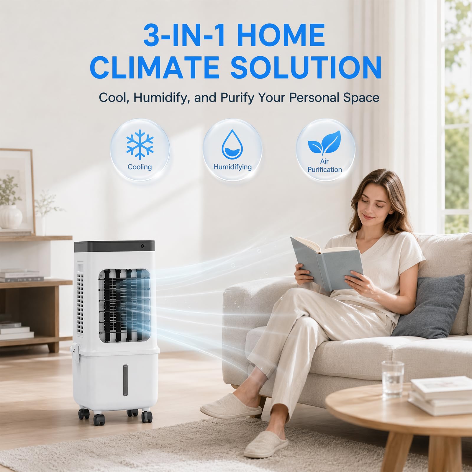 Leise Mobile Klimaanlage 12L Wassertank, Luftkühler mit Schlafmodus & 7H Timer, 4-in-1 Verdunstungskühler ohne Schlauch, inkl. 2 Kühlakkus für Schlafzimmer
