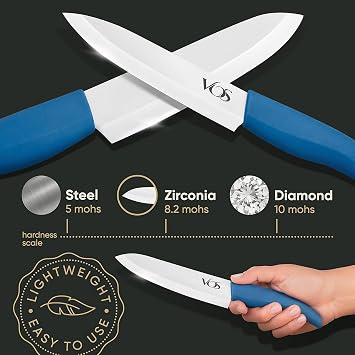 Vos Ceramic Knife Set with Block, Ceramic Knives Set For Kitchen, Ultra Sharp Kitchen Knife Set with Covers, 3 4 5 6 Chef Knife, Utility, Paring & Versatile, Lightweight, Dishwasher safe (Blue)