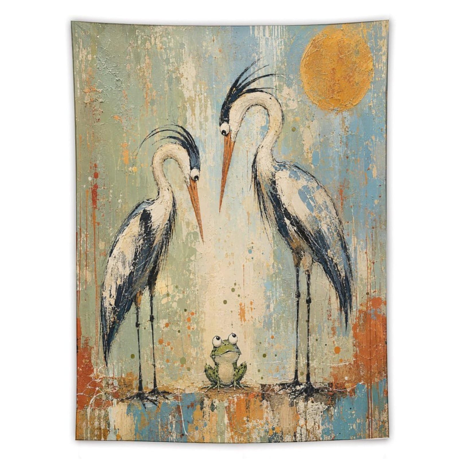H3B8U2Y5 Cranes with Frog Wall Tapestry, Asian Ink Style, Dorm Room