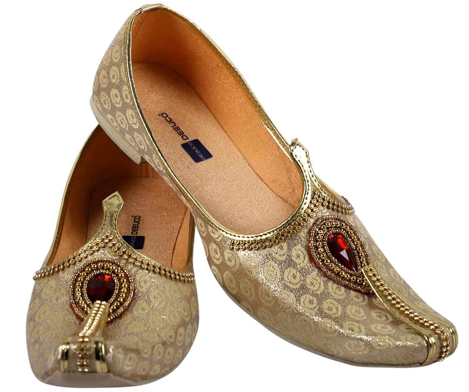 deeuco Men's Ethnic Golden with Maroon Stone Design Wedding and Sherwani Jutti,Mojari-picture-1