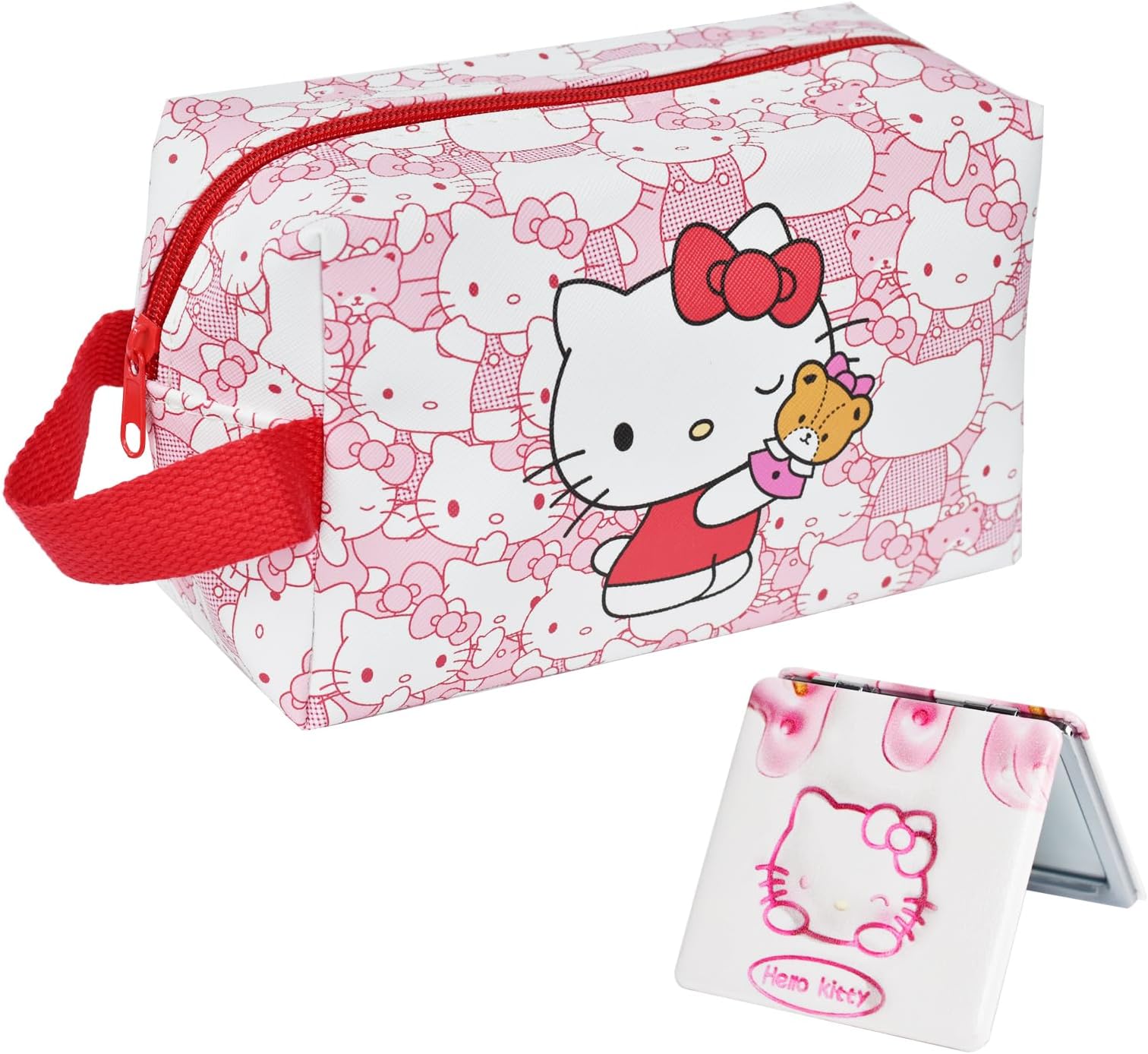kitty Travel Cosmetic Bag, Large Capacity Cartoon Cosmetic Pouch Makeup Bag with Zipper, PU Travel Toiletry Bag Makeup Accessories Organizer, Foldable Storage Bag Makeup Pouch for Girls