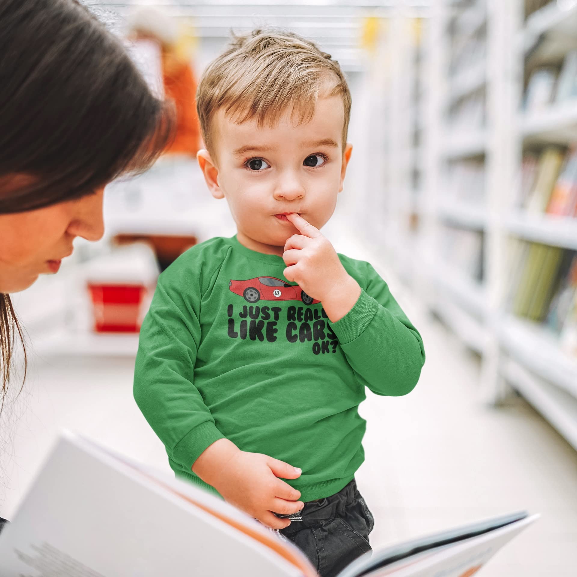 Old Glory I Just Really Like Cars Ok Cute Kids Toddler Long Sleeve T Shirt Green 3T