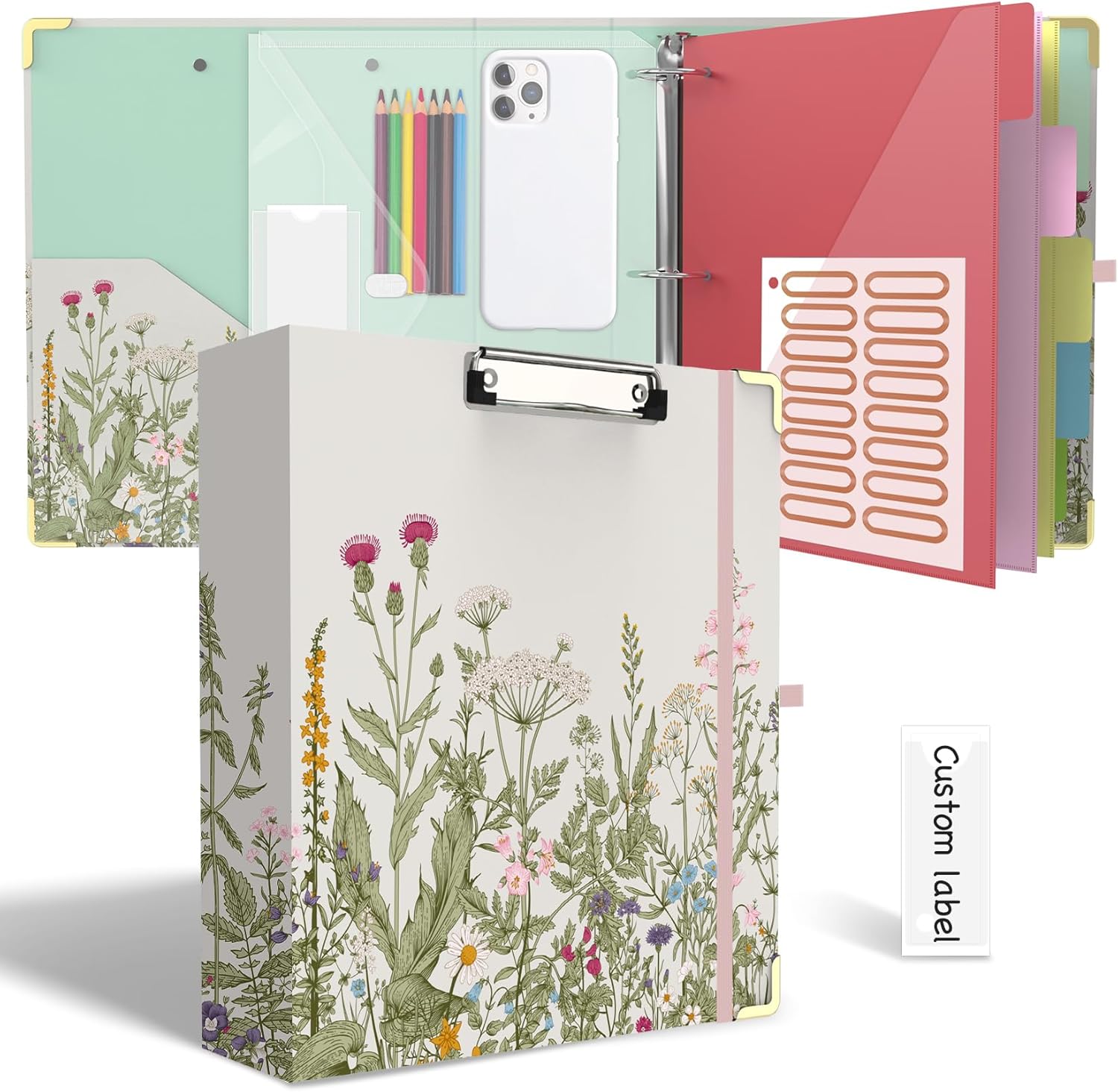 3 Ring Binder 2 Inch for Letter Size 8.5" x 11" Paper, Clipboard Binder with 5 Tabbed Dividers with Pockets, Plastic Folder and 16 Divider Stickers, School and Office Supplies, Garden Flowers