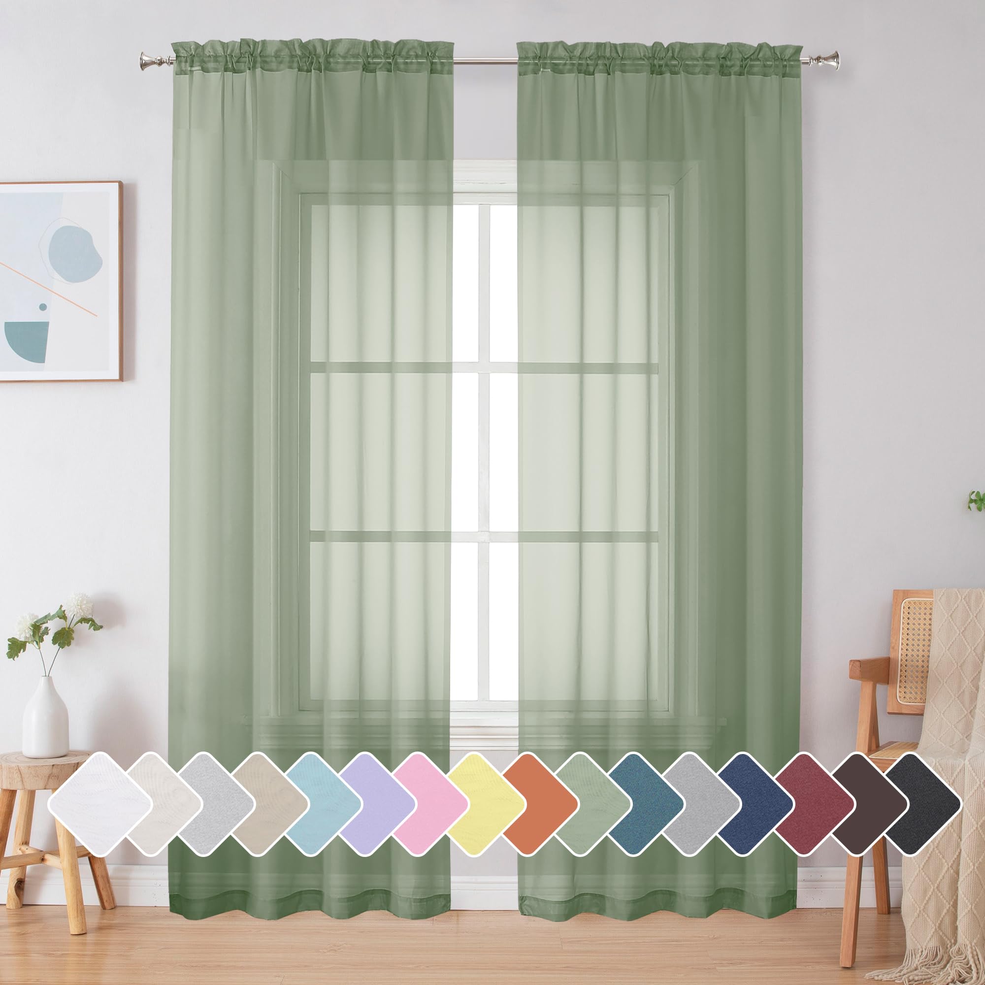 Simplebrand Sage Sheer Curtains 84 Inches Long, Light Filtering Rod Pocket Solid Color Window Sheer Curtain Panels, Elegant Curtains &amp; Drapes for Living Room, Bedroom 2 Panels (Sage, 42" W x 84" L)