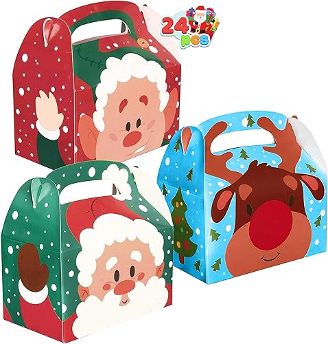 JOYIN 24 PCS 3D Christmas House Cardboard Treat Boxes (6"x6"x3.5") for Holiday Treats, Pastries, Cupcakes, Cookies Goodie, Brownies, Donuts