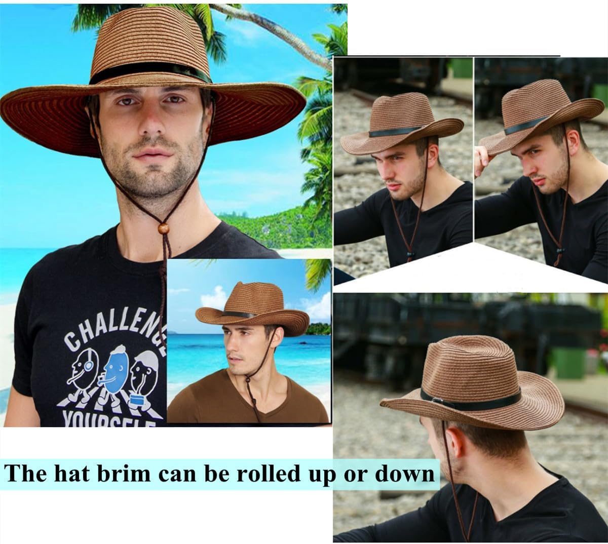 Straw Cowboy Hat for Women Men Classic Western Cowgirl Cap Foldable Sunhat Shapeable Fedora Panama Cap Wide Brim Beach Hat image 5