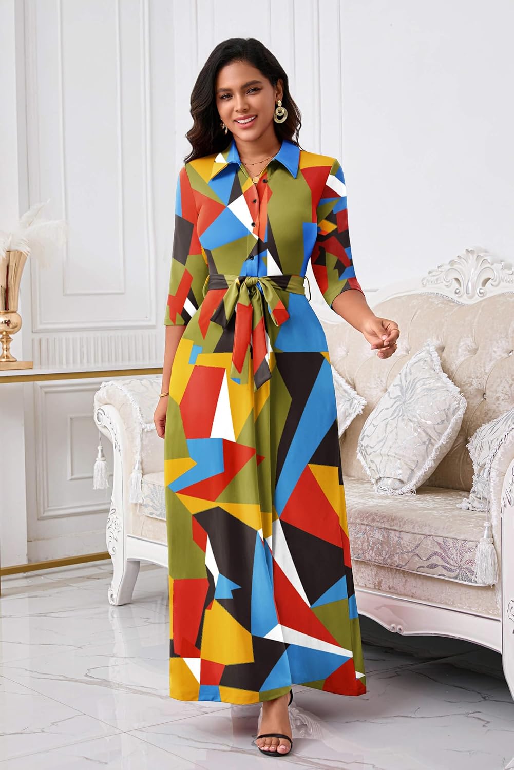 Runwind Women Church Maxi Dresses 3/4 Sleeve Button Down Print Casual Office Dress African - Image 2