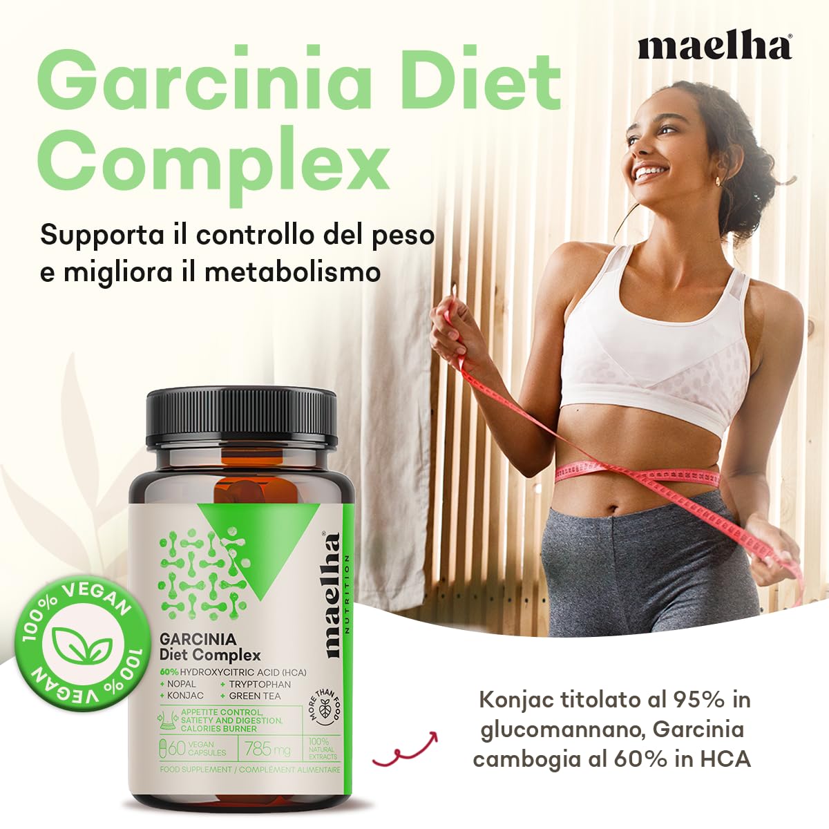 Garcinia Cambogia Extra Forte | Konjac alta titolazione di Glucomannano | Caffe Verde | Te Verde | Nopal | 60 capsule | 60% HCA | 100% Naturale e Vegano