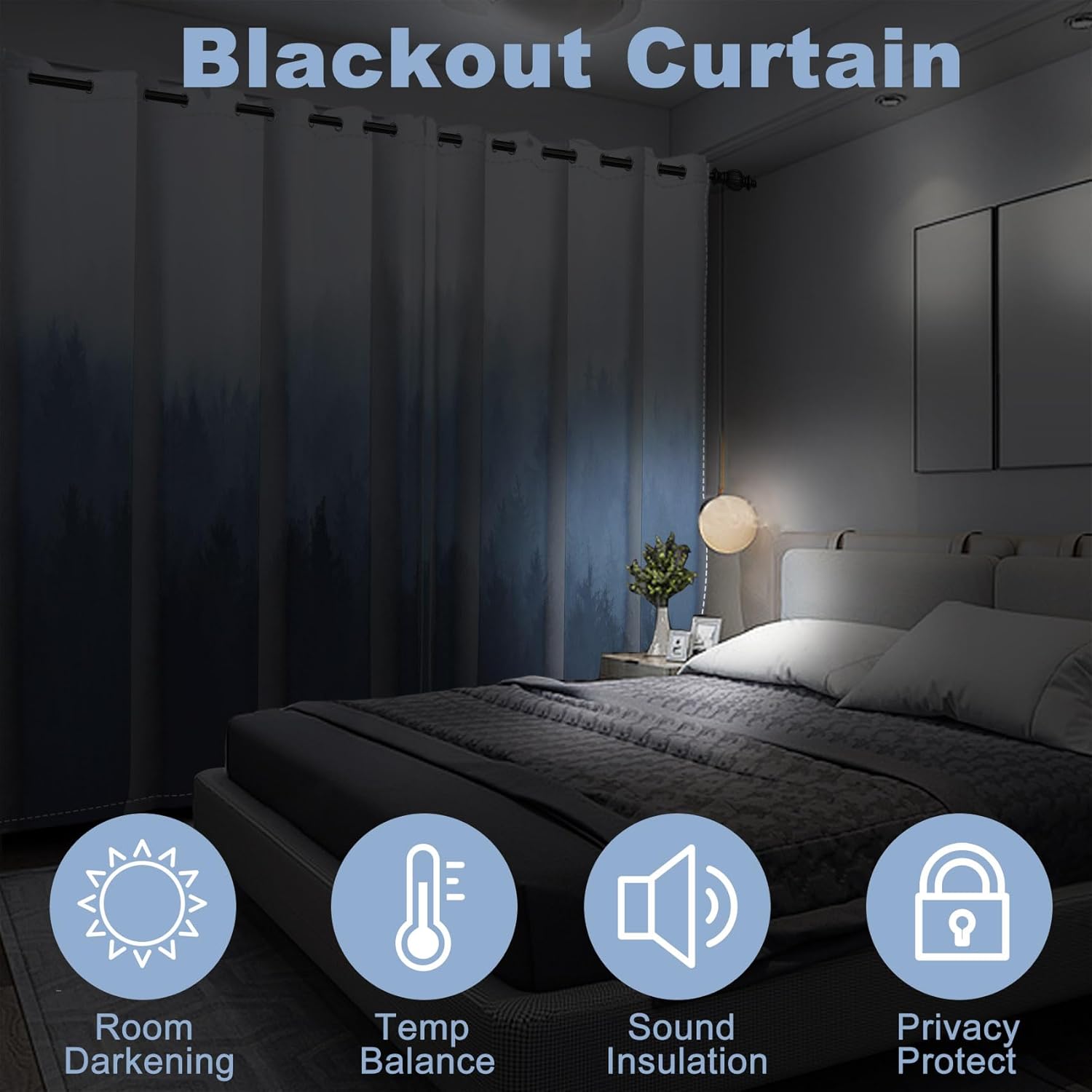 AWERT Blackout Curtains for Bedroom Navy Blue Ombre Forest Window Drapes 2 Panels for Living Room Heat Blocking 53x63inch