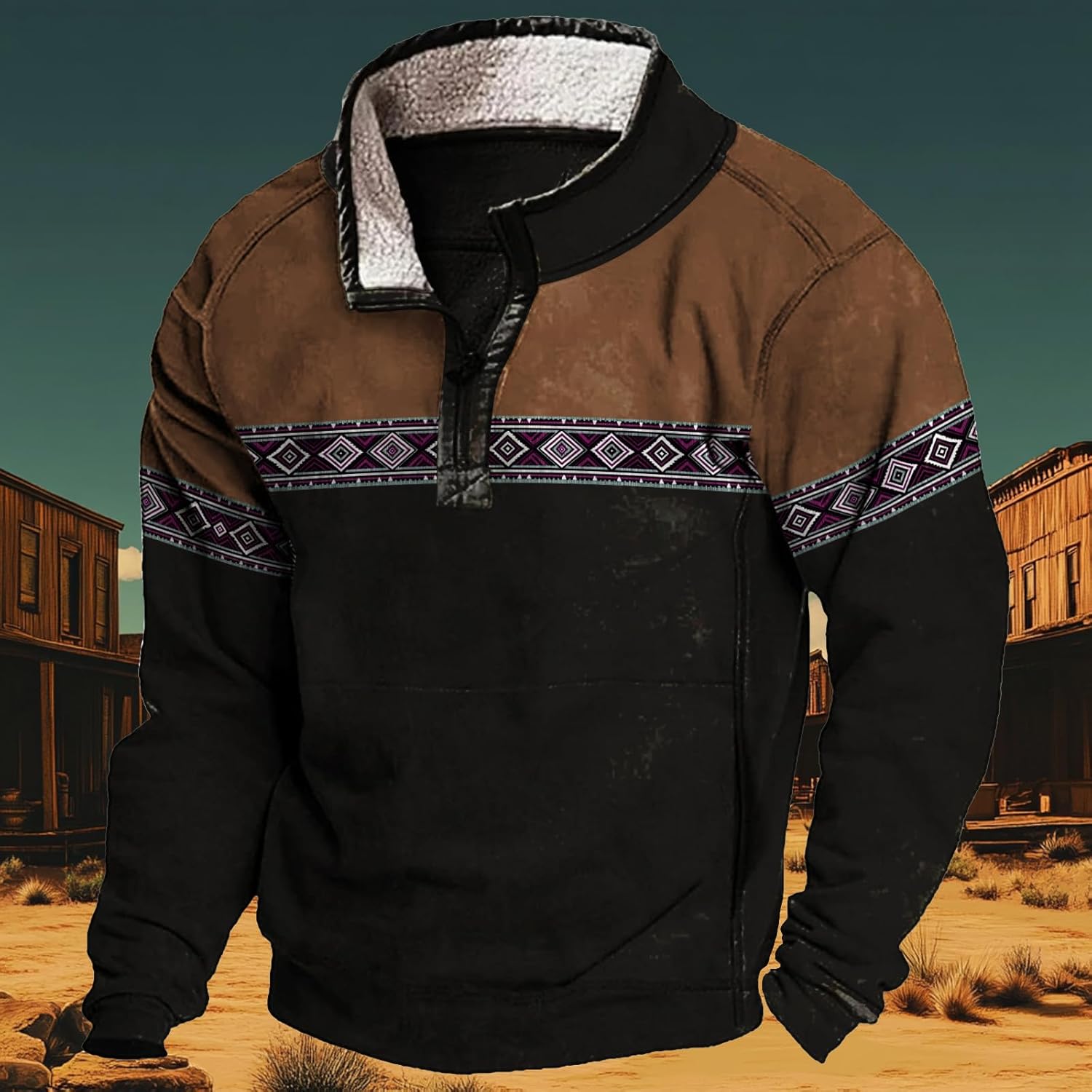 Quarter Zip Pullover Western Hoodie for Men Aztec Cowboy Sweatshirt Long Sleeve Retro Vintage Fall Winter Tops - Image 2