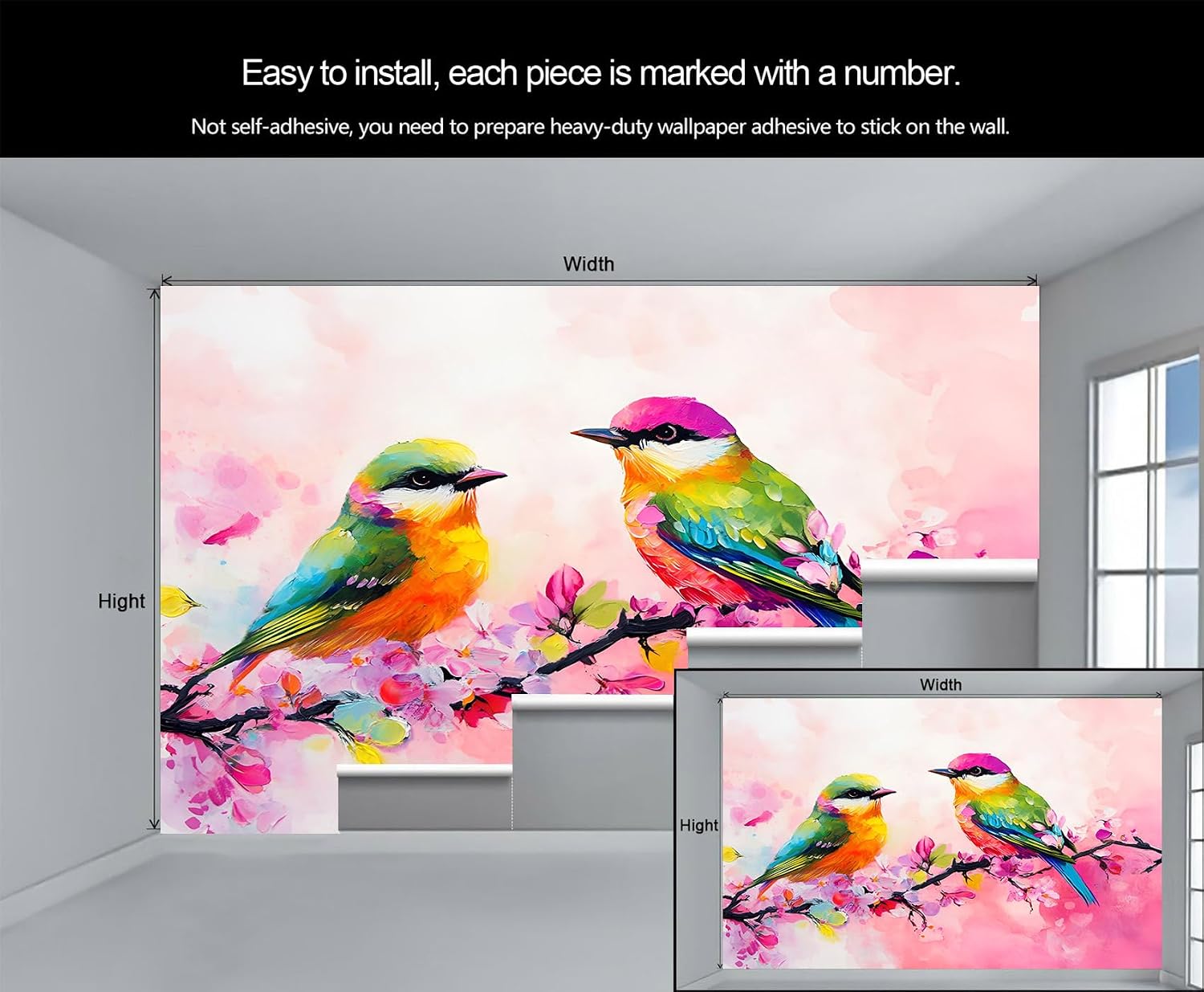 Cute Bird Wallpaper & Home Decor, Floral Mural Wallpaper for Bedroom, Colorful Birds Wall Paper for Living Room, 3D Pattern Printed Murals (Not Peel and Stick)