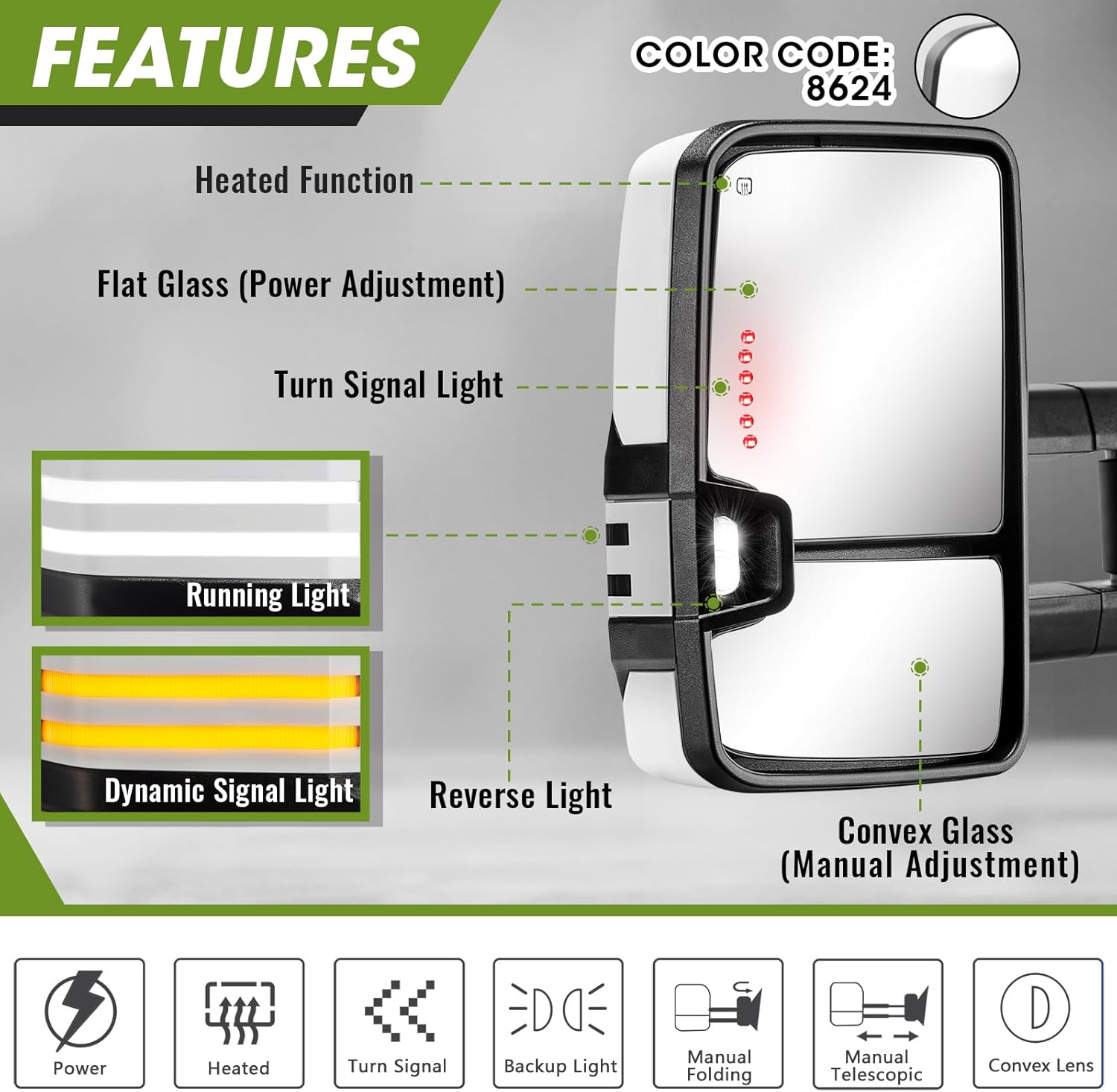 Switchback Tow Mirrors for 2007-2013 Chevy Silverado Avalanche Suburban Tahoe/GMC Sierra Yukon with Sequential Turn Signal & Running Light Backup Lamp (Painted White)