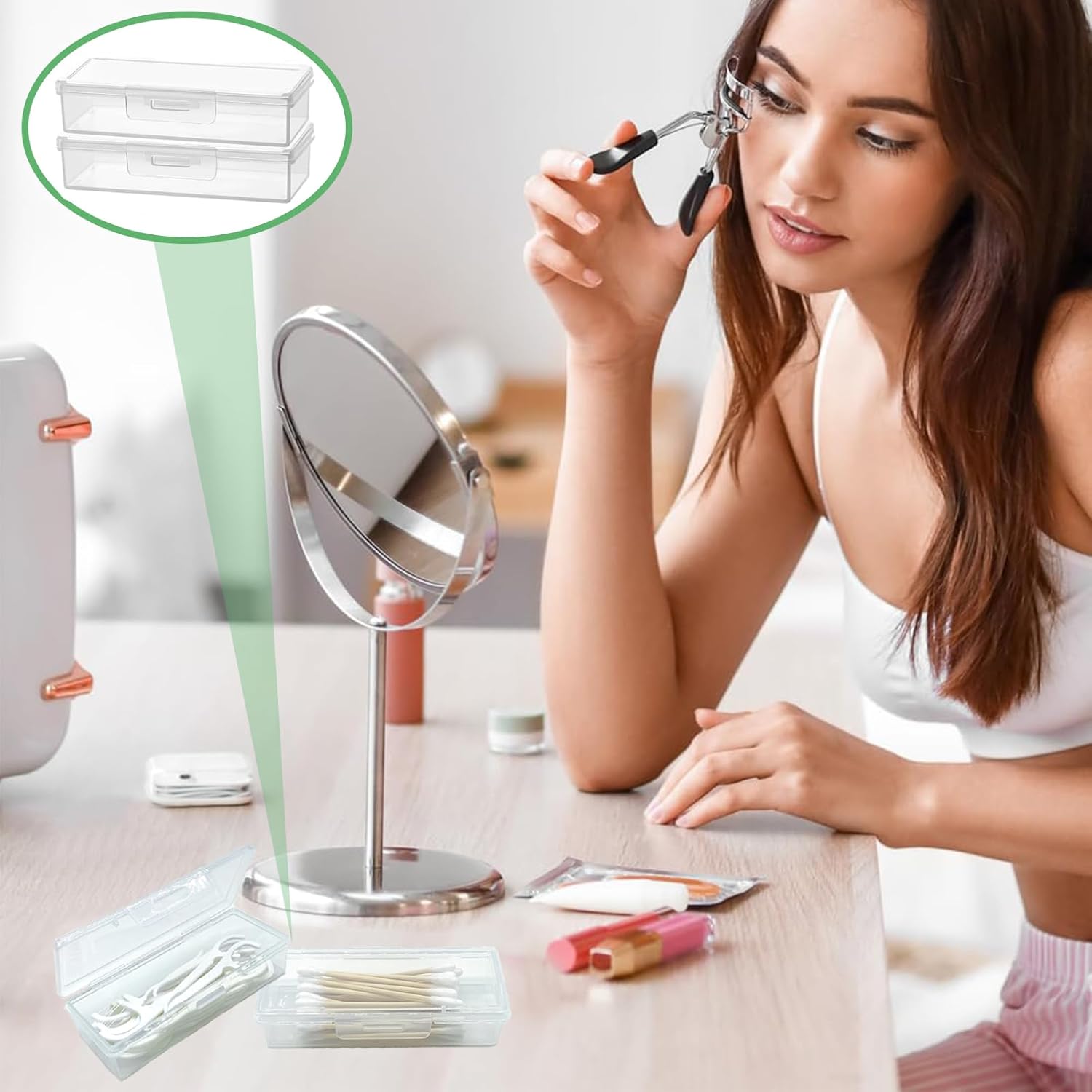 Cotton Swab Holder for Travel, 2 Pcs Portable Small Dental Floss Holder Clear Plastic Cotton Pad Holder, Travel Floss Picks Case Storage Containers with Dustproof Lid - Image 2