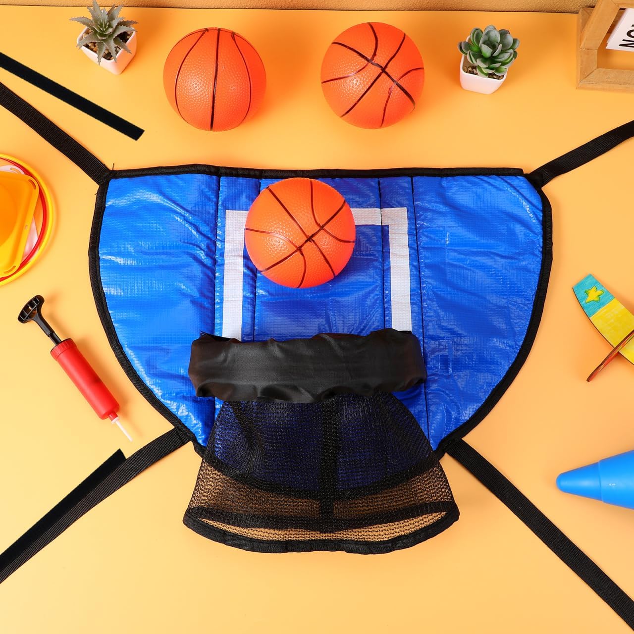 Garneck Mini Basketball Hoop for Trampoline with 3 Balls and Inflator Portable Trampoline Basketball Game Attachment for Indoor and Outdoor Sports Fun