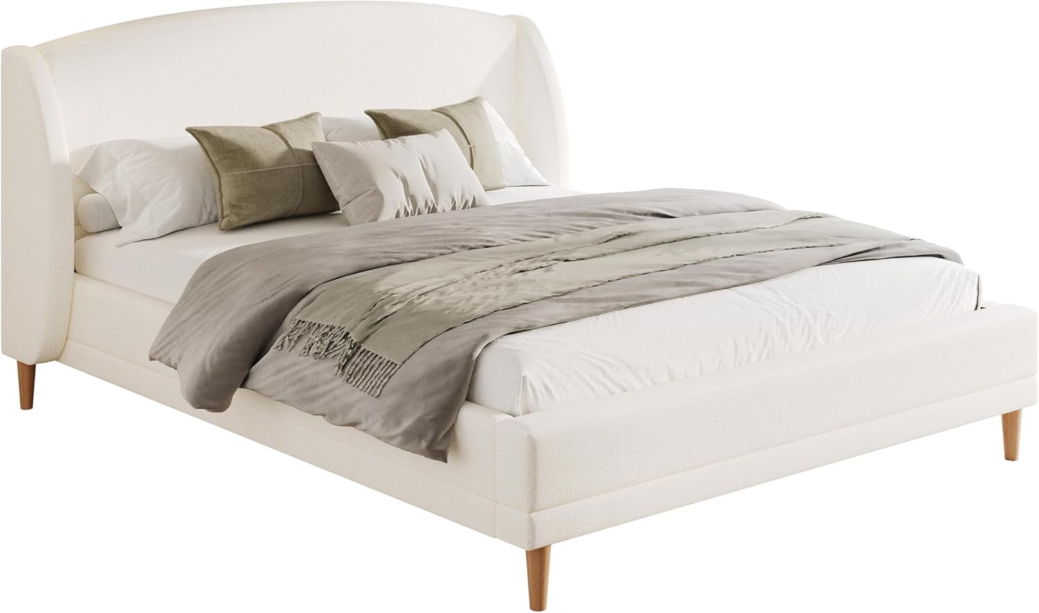 Hazel California King Size Bed Frame, Upholstered Platform Bed, Soft Boucle Headboard, Wood Bed Support and Slats, Curved-Shaped Headboard California King Bed, 43.90" H White