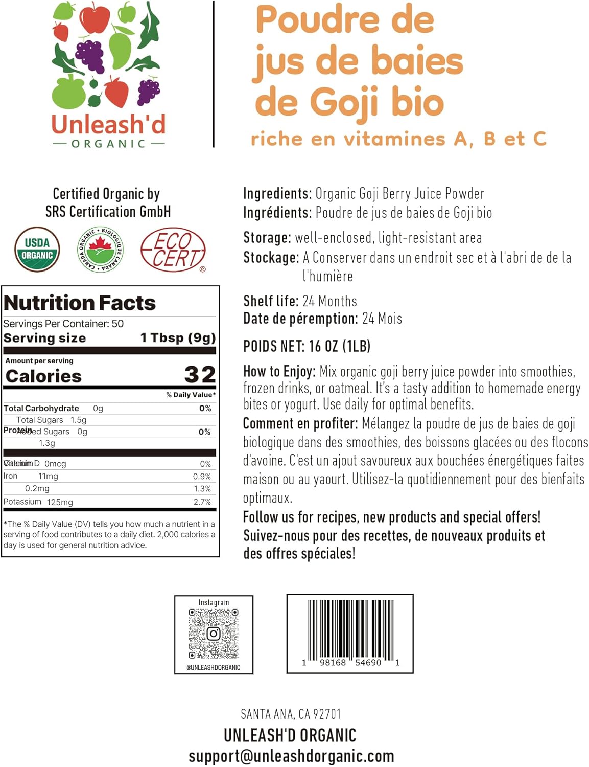 Unleash’d Organic Goji Berry Juice Powder 16 oz – 100% Pure Superfood, Rich in Antioxidants & Vitamins, Natural Nutrient Boost - Image 2