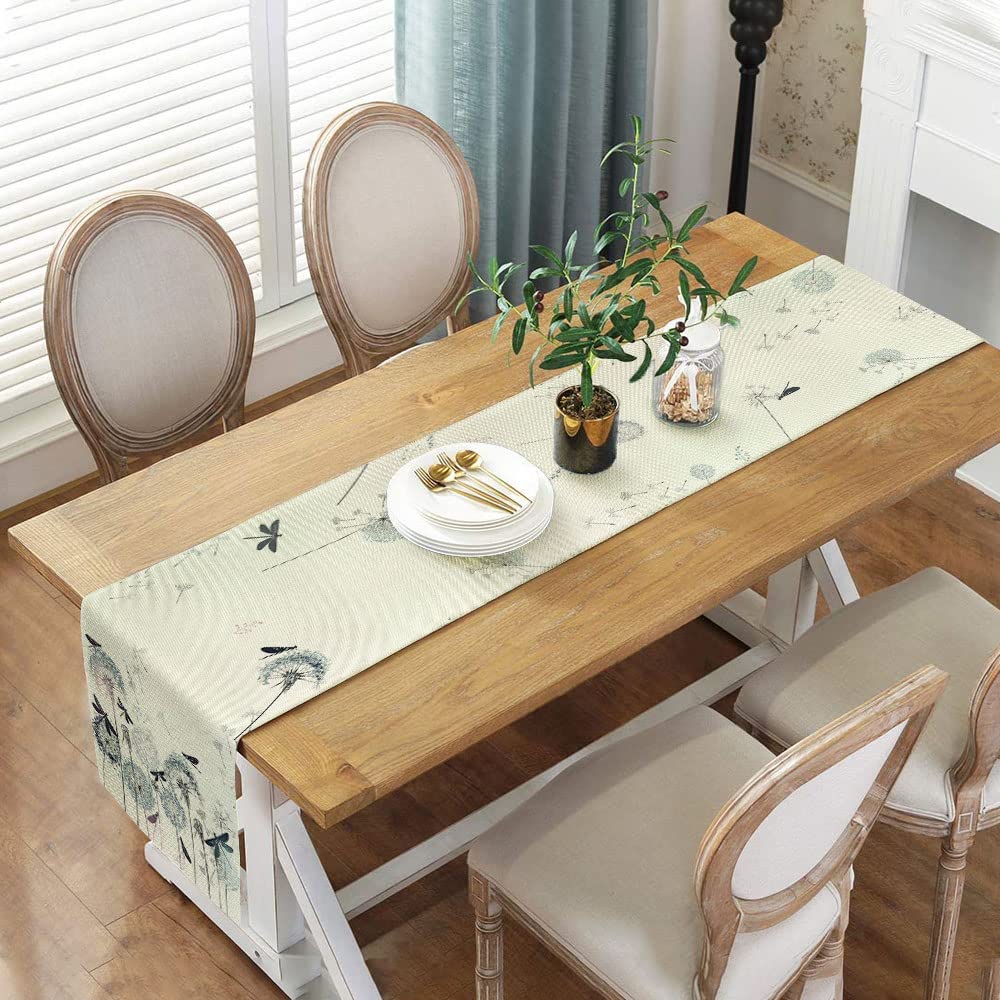Camino de mesa rústico de diente de león y libélula, mantel de lino lavable para verano, otoño, cocina, comedor, decoración de mesa para vacaciones, fiestas, interiores y exteriores, 13 x 72 pulgadas