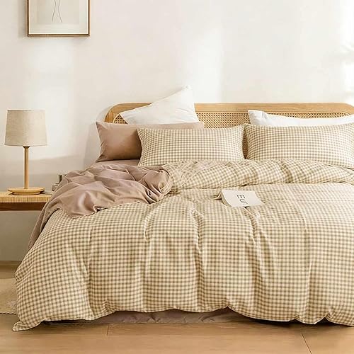 Miniatura 2 de Juego de colcha tamaño king de ETDIFFE, color marrón, 3 piezas, juego de ropa de cama color beige con estampado Gingham de rejilla - colcha suave y