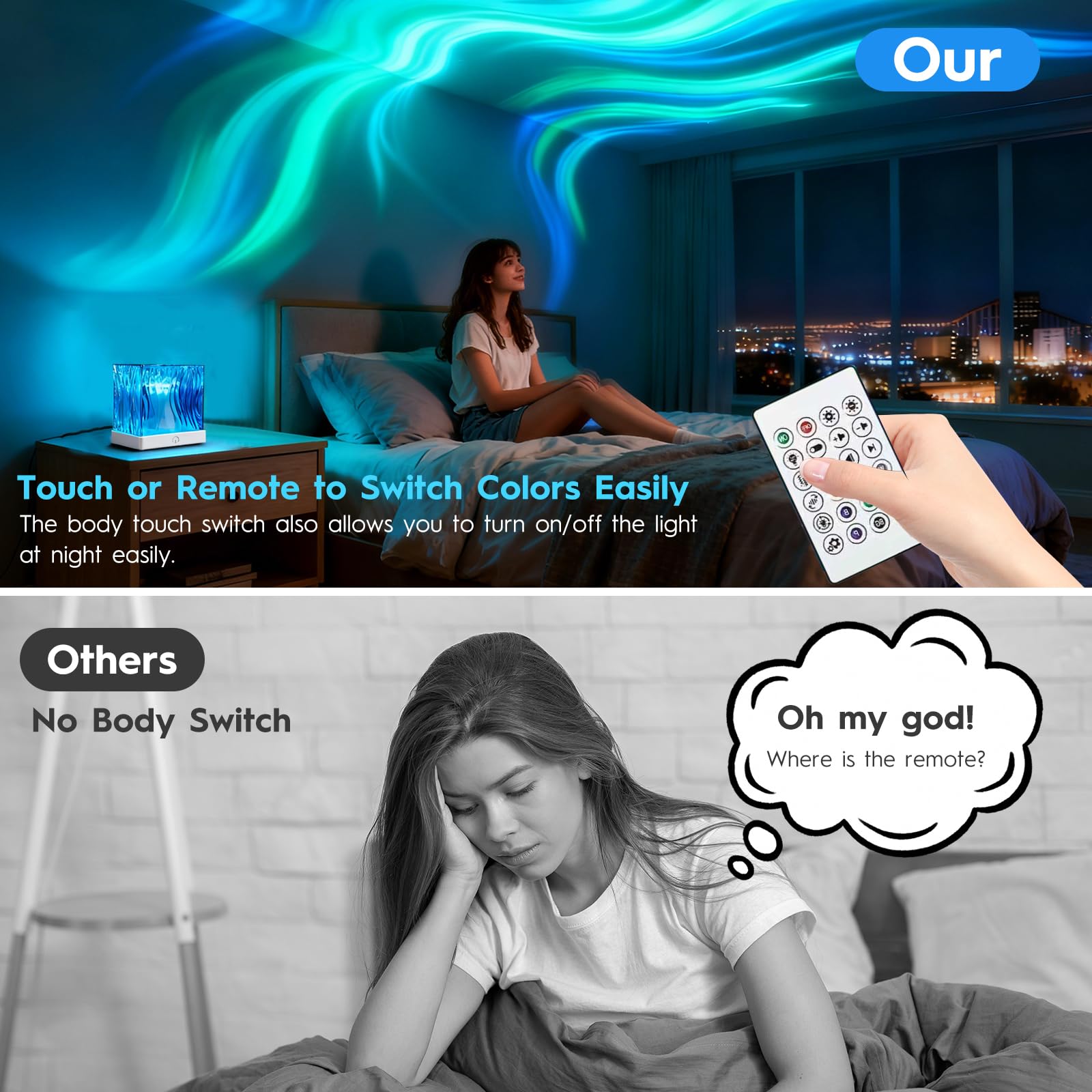 HESUSLA  Lights Projector Rechargeable, Touch Cube Color Changing Light with 16 Colors 4 Modes Dimmable Cordless Mood Lamp for Shower, Ambient Lighting for Bedroom and Bathroom: White Northern Lights