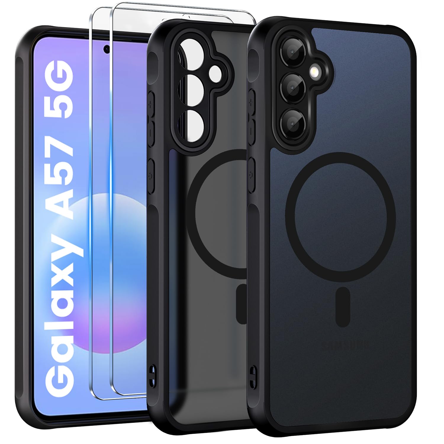 Yohii Magnetisch Hülle für Samsung Galaxy A57 5G mit 2 Schutzfolie und Kompatibel mit Mag-Safe, Kameraschutz, Militärstandard Stoßfest Kratzfest Matt Transluzente Handyhülle, Schwarz