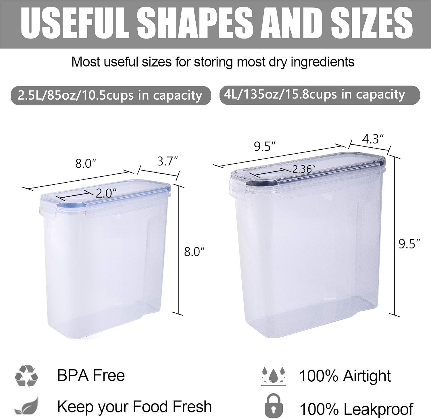 Cereal Containers Storage Set, Large Cereal Storage Container 6 Pieces Kitchen Pantry Organization and Airtight Food Storage Containers with Lids BPA-free Plastic for Flour Snacks, Labels, Spoons