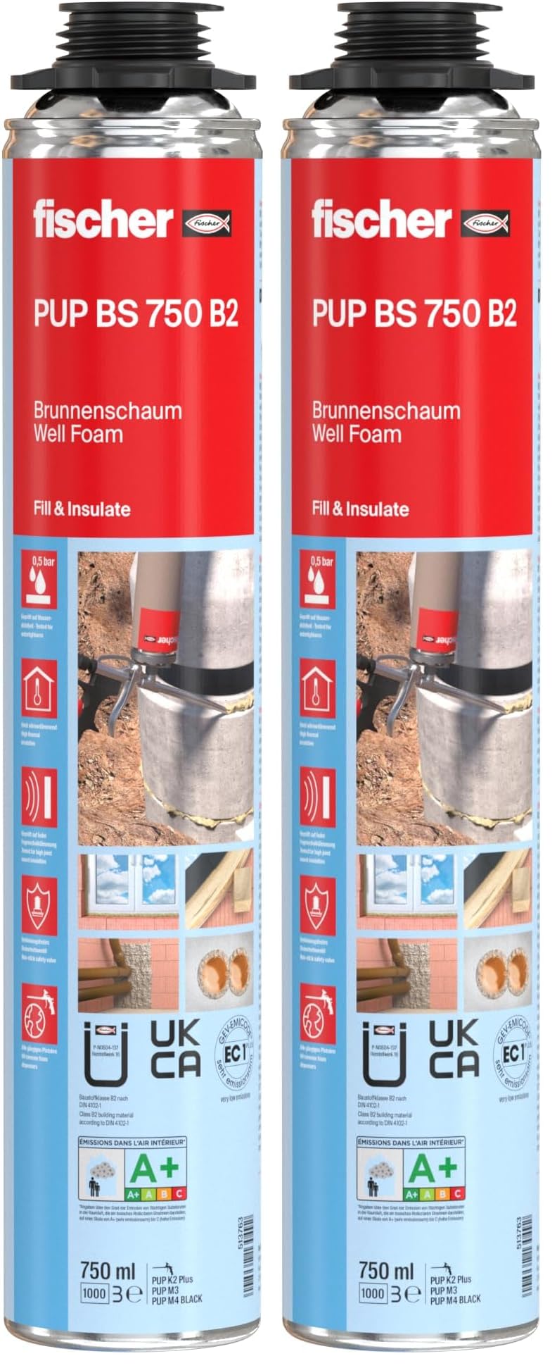 fischer Premium Brunnenschaum Well Foam PUBS 750, wasserfester Pistolenschaum, Montageschaum zum Verfüllen & Dämmen, Bauschaum für Schaumpistolen, 750 ml (Packung mit 2)