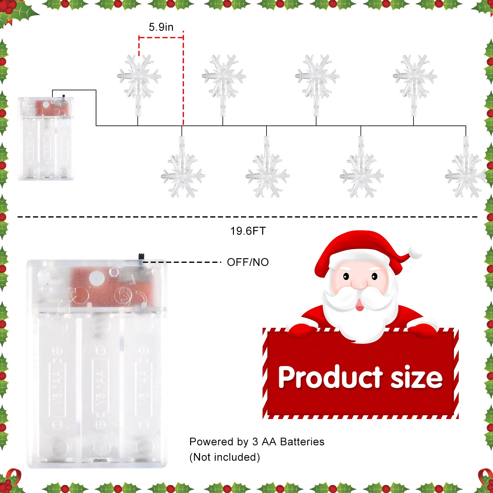 cshare Catena luminosa a LED con fiocco di neve, 6 m, 40 LED, funzionamento a batteria, con timer, IP65, impermeabile, per giardino, campeggio, Natale, decorazione per interni ed esterni, bianco