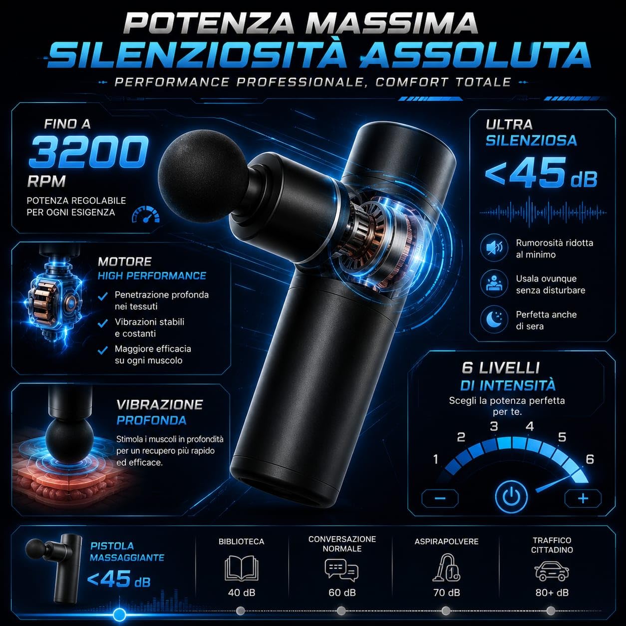 Pistola Massaggiante Professionale – Pistola Massaggio Muscolare Profondo - Display LCD, 3200 Giri/min, 4 Testine, Batteria 2500mAh, Ricarica USB-C Recupero Muscolare