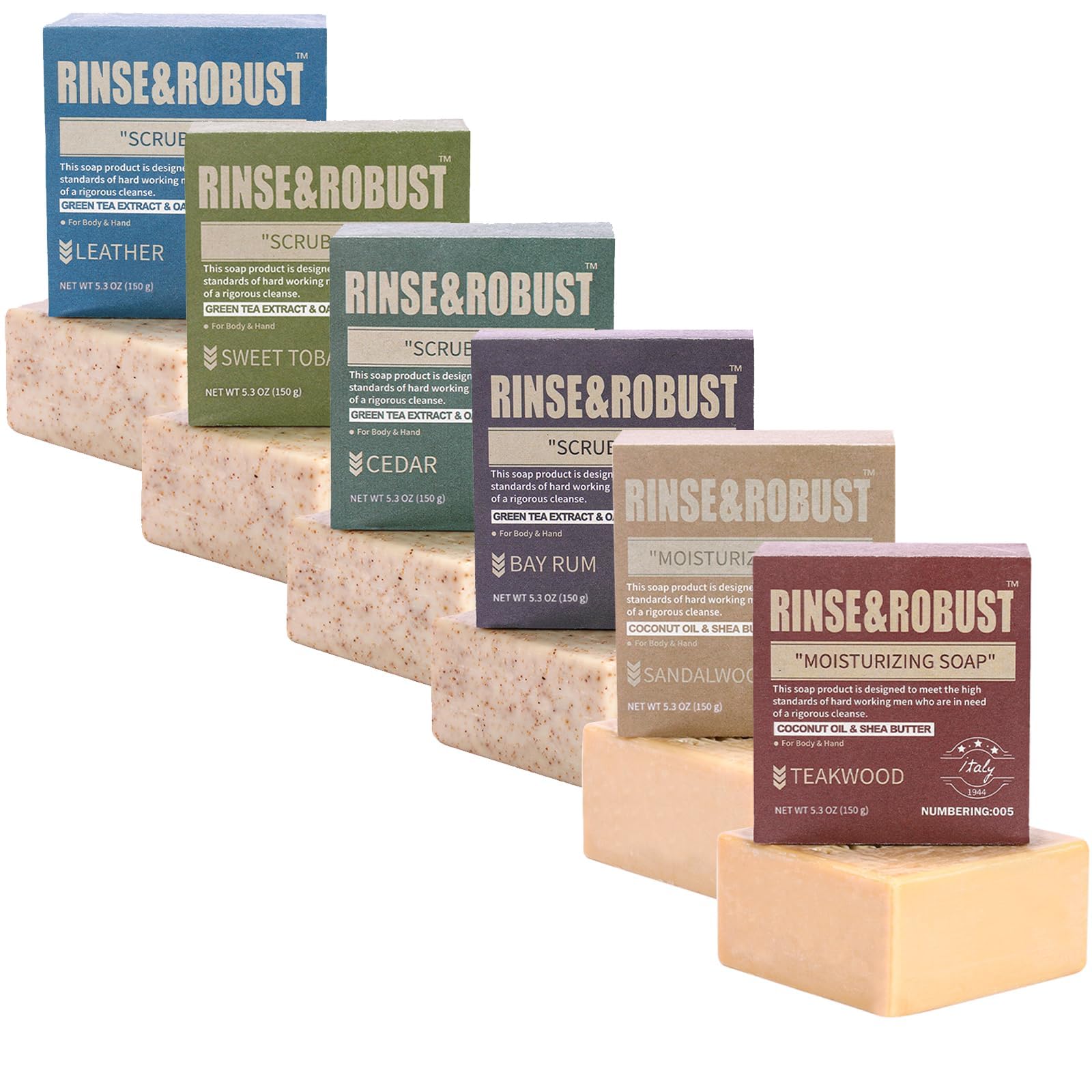 Rinse & Robust Mens Natural Bar Soap 6Pcs Handmade Cleansing Moisturizing&Exfoliating Scrub Soap Set Gifts for Men Body&Hand All Skin Type 6 Different