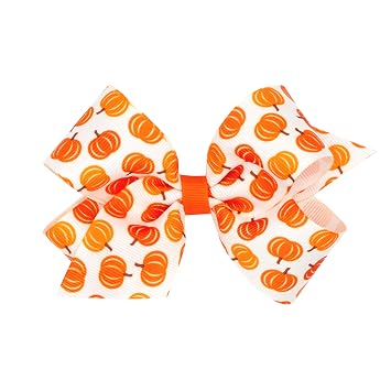 Wee Ones Girls Toddler Thanksgiving Harvest and Farm-themed Grosgrain Hair Bows in Fall Prints or Moonstitch Embroidery on WeeStay no-slip clip, Medium, Pumpkin/White