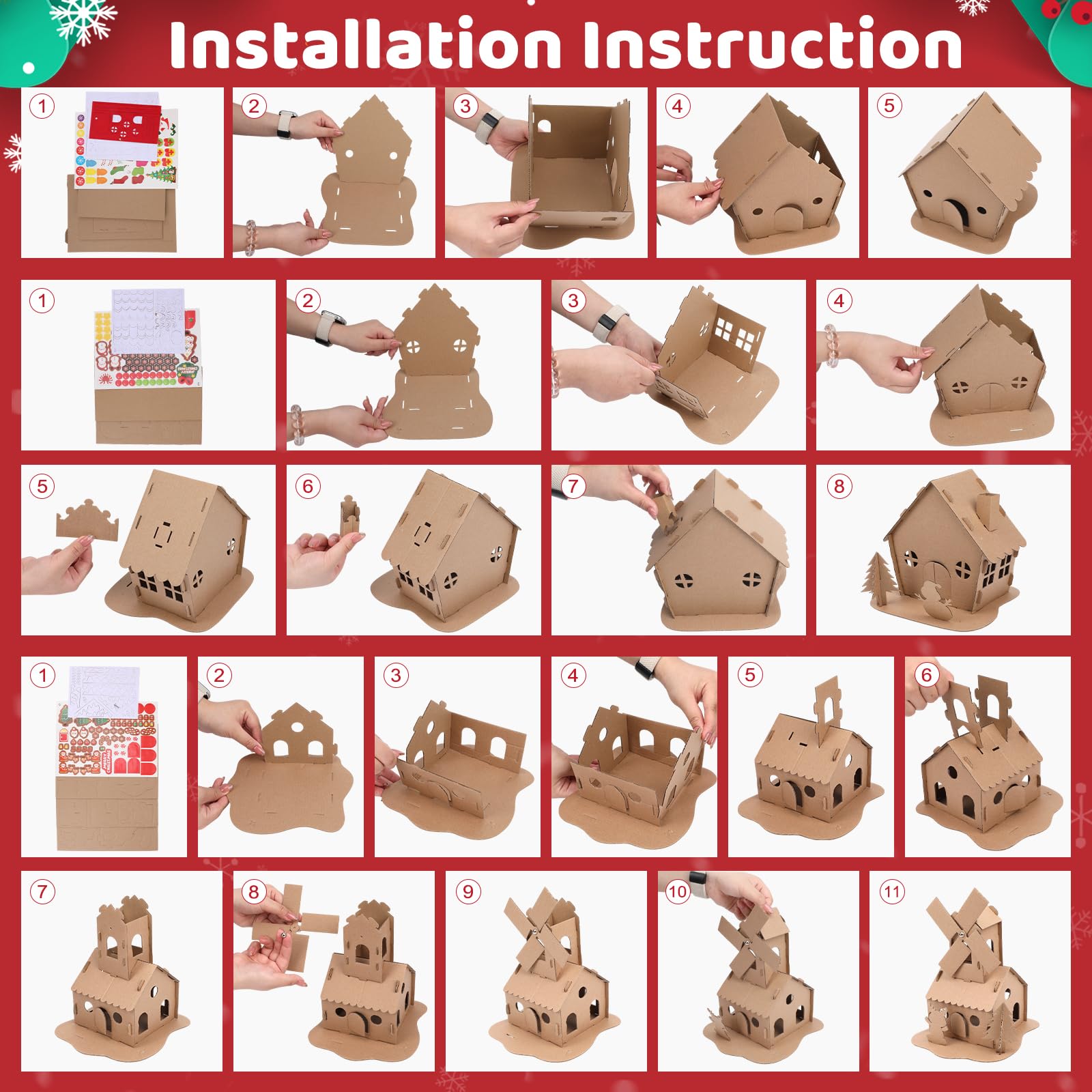 SAYAYA 10 juegos de casa de jengibre de Navidad LED a granel DIY tu propia casa de jengibre de Navidad con pompones, calcomanías, cuerdas de luz, bolígrafos kit de manualidades para Navidad