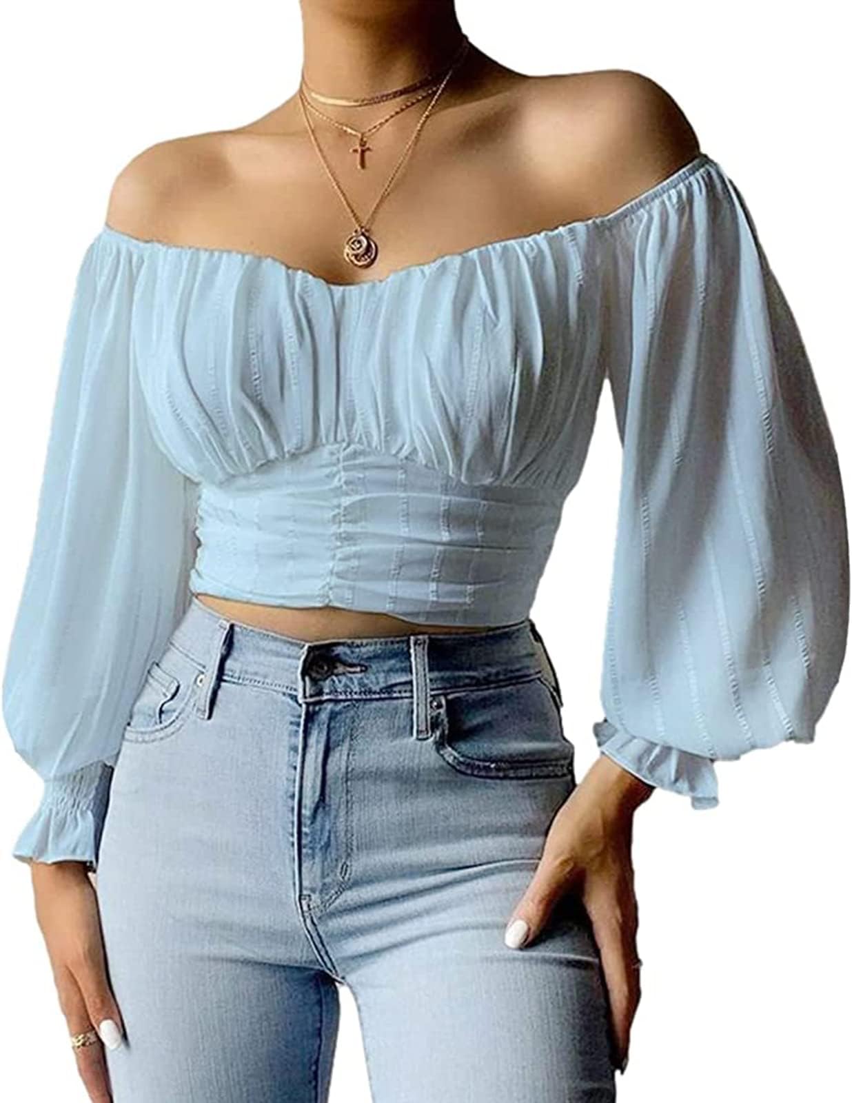 MIRACMODA Womens Elegant Off The Shoulder Puff Sleeve Blouse Summer Chiffon Slim Fit Party Crop Top