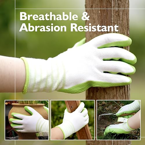 Miniatura 5 de Brigic Guantes de jardinería de bambú, con revestimiento de goma transpirable, táctiles, guantes de trabajo al aire libre para mujer, verde y morado