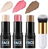 3 Pack Contour Highlighter Blush Sticks with Brush, Cream Bronzer Contour Stick Kit for Cheeks Eyes Lips, Long Lasting Waterproof Smooth Multi Stick Face Makeup Set for All Skin Type Set A