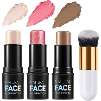 Contour Highlighter Blush Sticks with Brush - Cream Contour Bronzer Stick for Cheeks Eyes Lips Long-Lasting Waterproof Smooth Makeup Sticks for All Skin Types Face Makeup Set A