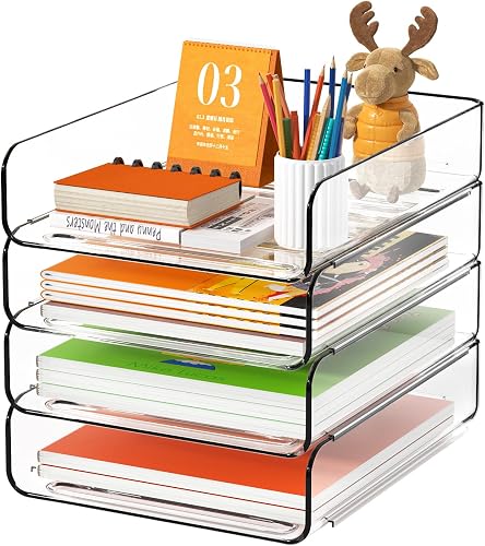 FANXIYQ 4-Tier Acrylic Paper Tray Organizer | Clear Stackable Desk Organizer for Documents, Letters, A4 Paper | Modern Office/Classroom/Home Organization