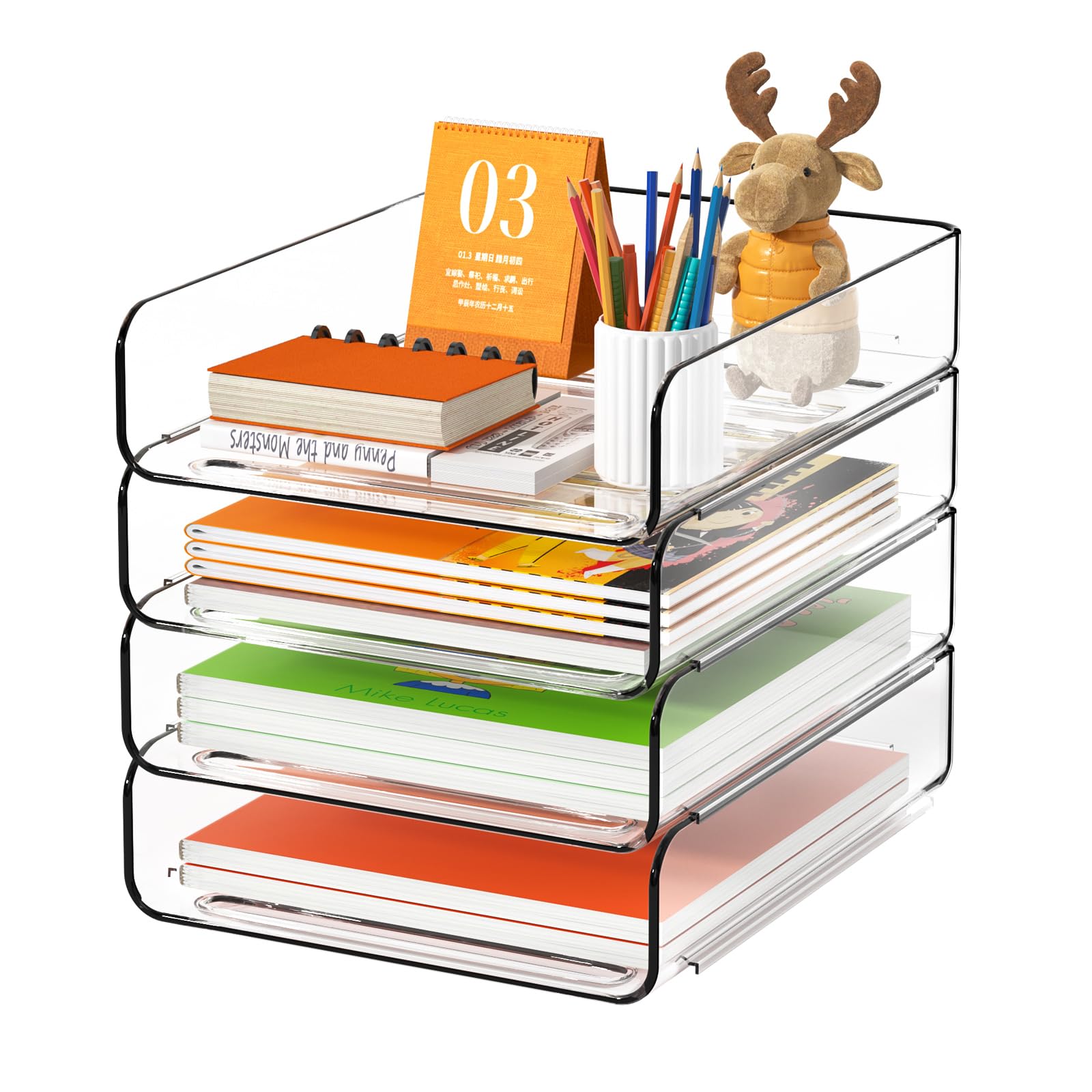 FANXIYQ Organizador de bandeja de papel acrílico de 4 niveles | Organizador de escritorio apilable transparente para documentos, cartas, papel A4 | Organización moderna de oficina/aula/hogar