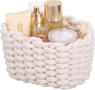 Woven Storage Baskets, Cotton Rope Basket Woven Storage Baskets | White Rope Desktop Basket Organizer Bathroom Storage Basket for Cupboard Nursery Decor