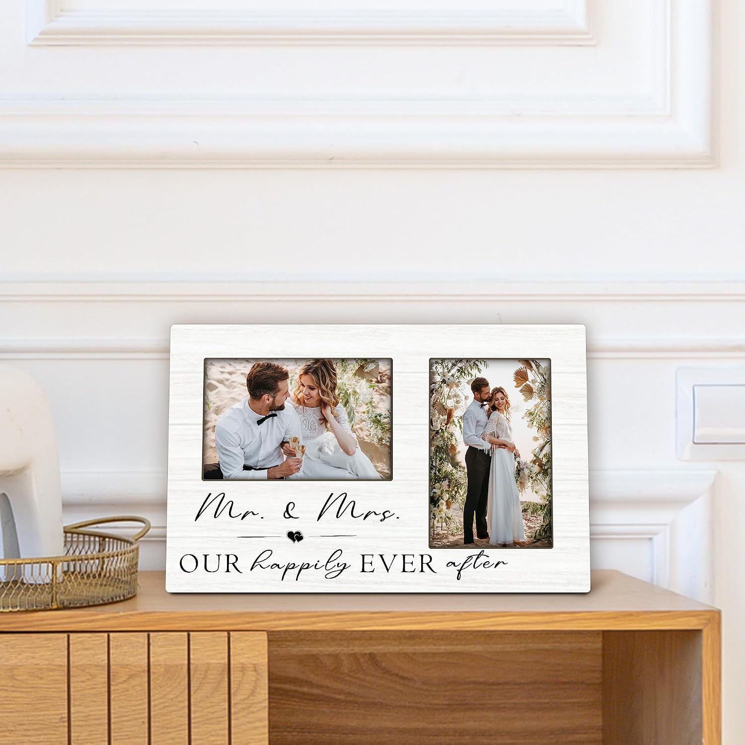 Mr and Mrs Wedding Double Picture Frame - Display Two 4x6 Photos, Wedding Engagement Gifts Wood Photo Frame for Wall Tabletop Display, Newlywed Gifts Photo Frames for Home Room Bedroom Decor image 2